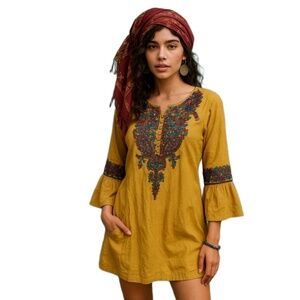 MONAS ALLYS Mustard Embroidered Buttonfront 3/4 Balloon Sleeves Boho Dress Small